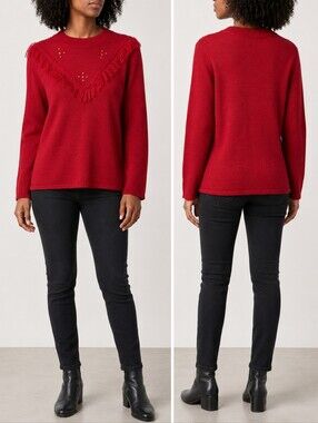 Vintage Red Wool Blend Fringe Rhinestone Yoke Sweater Made in France